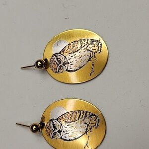 Reed & Barton Damascene Owl Moon Etched Post Earrings Gold Tone Metal